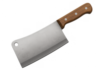 Professional butcher knife with wooden handle isolated on transparent background, ready for photo editing