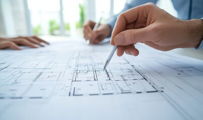 Estate broker discussing blueprints of a new office space with clients, providing insights and expert advice on the potential of the property, Generative AI