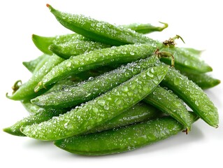 Fresh green snap peas covered in water droplets are neatly stacked against a white background scene today.