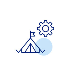 Camping tent and cogwheel. Outdoor gear settings, campsite management, equipment configuration, adventure planning tools, camping system control. Pixel perfect, editable stroke vector icon
