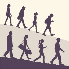 Silhouettes of people walking in a row on a hill with varying accessories and poses in a monochrome style
