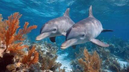 Fototapeta premium Two playful dolphins glide through the clear ocean waters, surrounded by colorful coral reefs and marine vegetation, showcasing the beauty of underwater life.