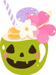 Tropical Halloween Drink Clipart | Cute Green Skull Cocktail with Flowers

