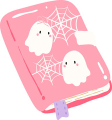 Cute Book with Kawaii Ghosts and Spiderwebs | Pastel Pink Halloween Clipart

