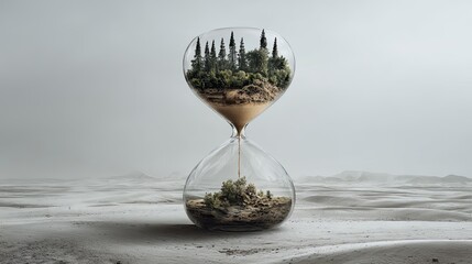 Conceptual Hourglass with Trees and Sand Flowing into a Desert Landscape on a Beach