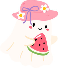 Cute Ghost with Watermelon and Summer Hat Illustration

