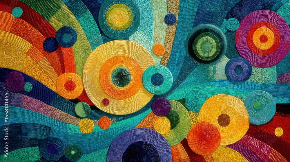 Poster bright colors radiate from circular shapes in a dynamic pattern showcasing creativity. the swirling 