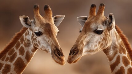Fototapeta premium Two giraffes stand close together, gently touching their heads as the warm glow of the sunset creates a serene atmosphere in their natural savannah habitat.