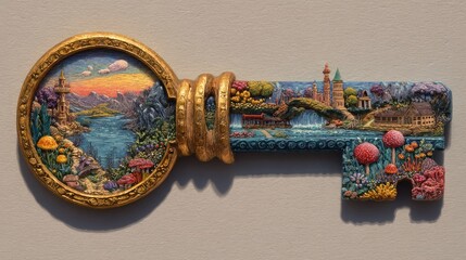 Intricately Detailed Golden Skeleton Key Adorned with Ancient Cultural Motifs
