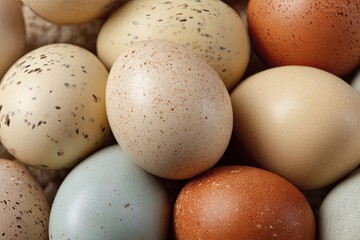 Close-up View of Various Naturally Colored Bird Eggs Nestled Together in a Full Frame