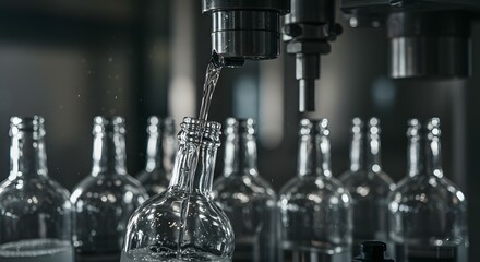 Clear liquid being poured into glass bottles on a production line in a modern factory, showcasing the meticulous process of beverage bottling and manufacturing