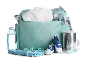 Baby bag with shoes on white background