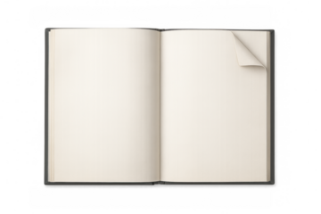 Open book revealing empty pages, corner folded, isolated on transparent surface for educational mockup design