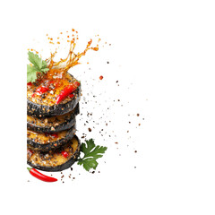 Spicy Grilled Eggplant Slices with Herb Garnish and Seasoning Splash
