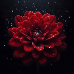 The red flower on black background with water drops