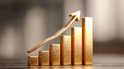 A golden bar graph displays steady growth, with each bar representing increasing financial achievements. The background is softly blurred, indicating a stylish office space.