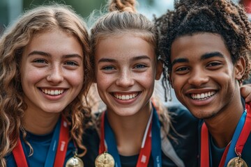 Group of athletes proudly displaying their medals after a competition, celebrating their success and achievement in a team environment, Generative AI