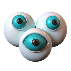 Three cartoon eyes with teal irises are isolated on transparent background