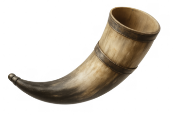 Traditional drinking horn with metal decoration isolated on transparent background, perfect for historical or fantasy projects