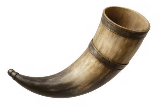 Traditional drinking horn with metal decoration isolated on transparent background, perfect for historical or fantasy projects