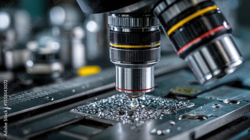 Poster a microscope is positioned over a metallic surface displaying tiny particles, showcasing intricate d