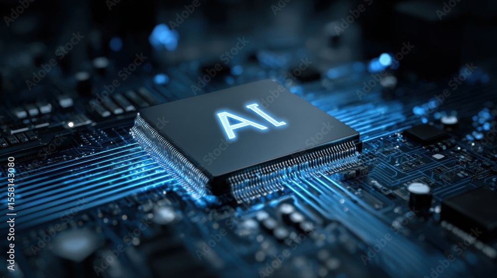 Poster a close-up view of a microchip featuring a glowing ai symbol sits prominently on a complex circuit b