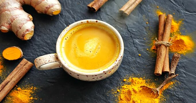 A warm cup of turmeric ginger tea surrounded by ginger roots and cinnamon sticks on a slate background