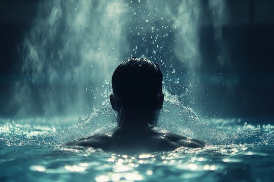Professional swim athlete gliding through the water in a pool, demonstrating perfect technique and fluid motion in an intense training session, Generative AI