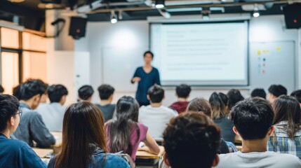 Group of Asian university students listening to professor explaining lesson with whiteboard and projector screen in background, academic atmosphere