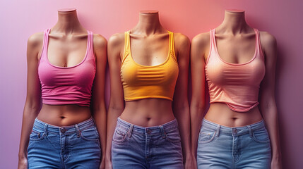 Three headless female mannequins in colorful tops and jeans against a gradient background.