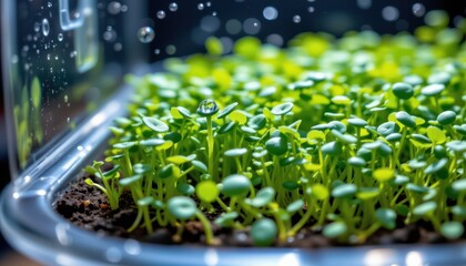 high resolution macro photo of microgreens sprouting inside a transparent growing kit, water droplets, dramatic lighting