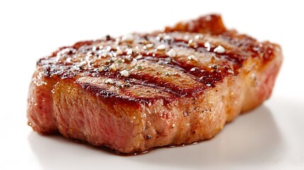 well-done steak of pork or beef presented on a white backdrop, perfect for grilled food advertisements, kitchen visuals, and meal preparation shots 