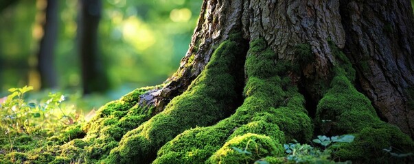 Discover the beauty of an ancient tree trunk adorned with dark green moss.