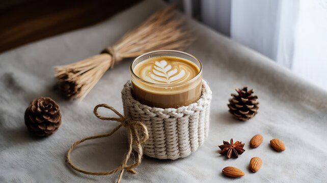Coffee with latte art in glass cup with pine cones and almonds