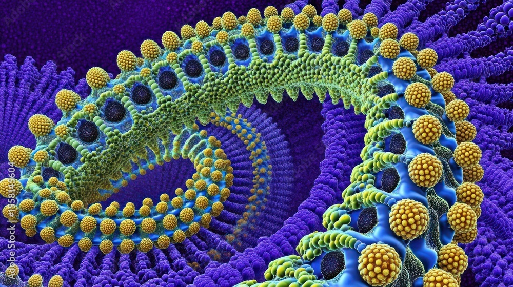 Poster abstract fractal spiral: vibrant 3d render with organic, cellular structures.
