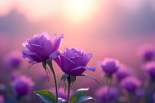 Dreamy composition of purple roses in a peaceful landscape, natural light with warm highlights, subtle mist and soft-focus background, creative negative space surrounding the flowers