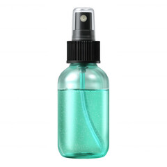 A clear spray bottle with a black nozzle, filled with a turquoise liquid, isolated on a white background.