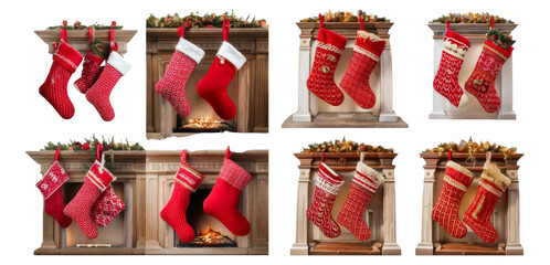 Festive Holiday Stockings Displayed Above Cozy Fireplace Mantel, Isolated on Transparent, white background