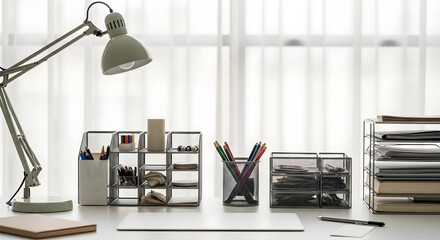 Organized workspace with desk lamp, organizers, pencils, and paper against a bright window