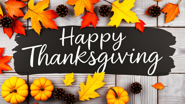Happy Thanksgiving hand lettered on rustic wood with fall leaves and mini pumpkins