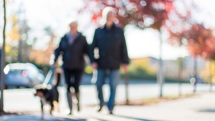 Obraz premium Blurred Senior Couple with Dog in Autumn Park Stroll Bokeh