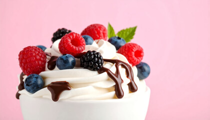 Frozen yogurt swirl with chocolate drizzle and mixed berries