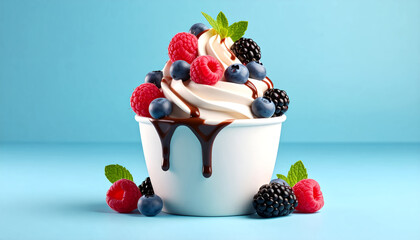 Frozen yogurt swirl with chocolate drizzle and mixed berries