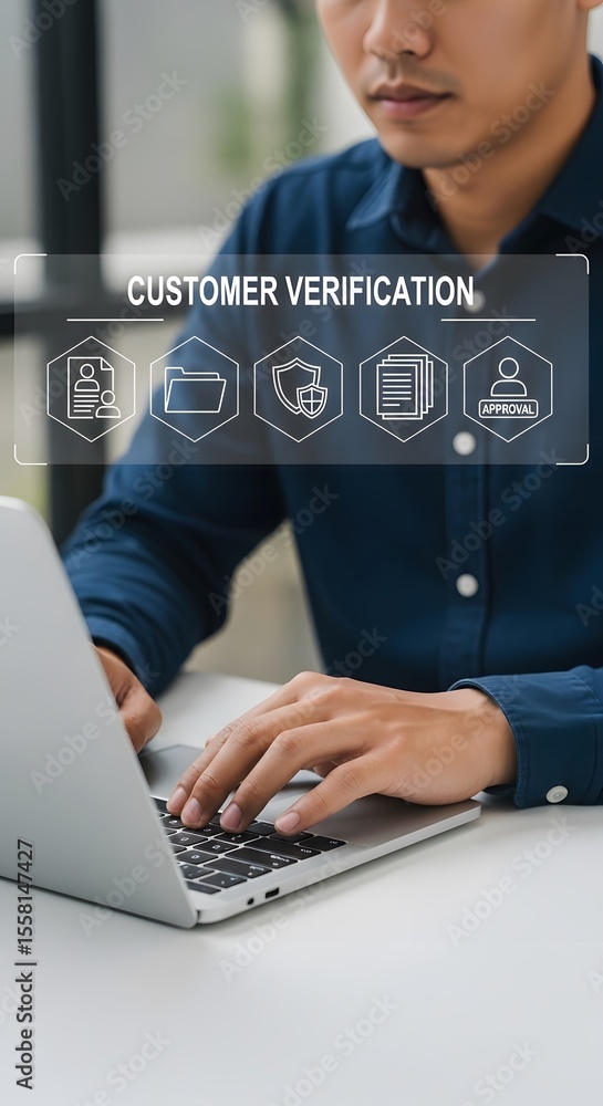 Poster digital customer verification process with a businessman using a laptop for online identity protecti