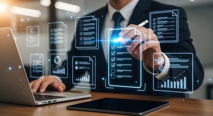 Data analysis shows a businessman navigating digital transformation, focusing on document management and business process automation, leveraging modern technology.