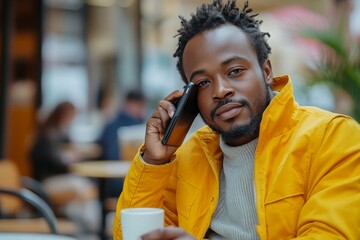 Fototapeta premium African man talking on mobile phone and drinking coffee, multitasking as he balances work communication and enjoying his morning brew, Generative AI