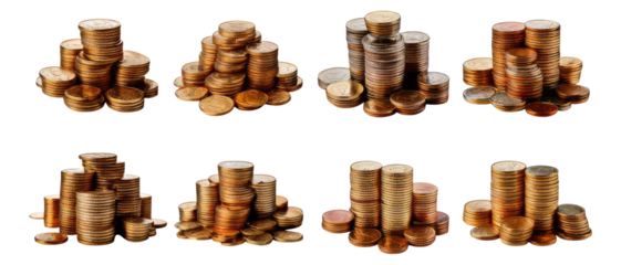 Various Stacks of Coins on a Transparent Background for Financial Use, Isolated on Transparent, white background