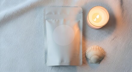 Fototapeta premium Serene scene features blank sachet packaging alongside a glowing candle and delicate seashell on a soft, textured white fabric.