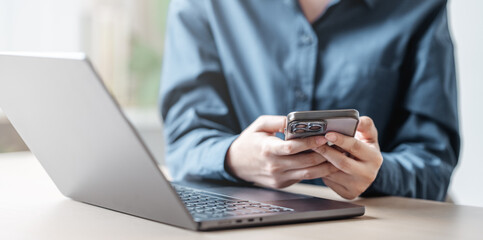 Using smartphone social media concept. Mobile internet banking. Typing online community post, Chat, Comment. Online shopping payment. Artificial intelligence technology.