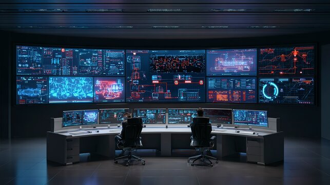 A photorealistic photography of a futuristic AI control center with admins monitoring automation dashboards
